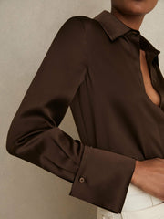 Silk Double-Cuff Button-Through Shirt in Chocolate