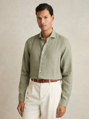 Linen Button-Through Shirt in Thyme Green