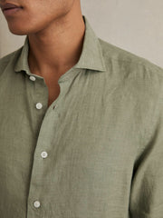 Linen Button-Through Shirt in Thyme Green