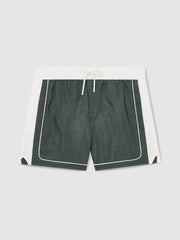 Colour-Block Piped-Trim Swim Shorts in Dark Green/White