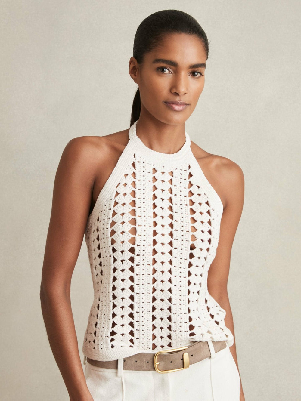 Cotton Crochet Halterneck Vest Top in White