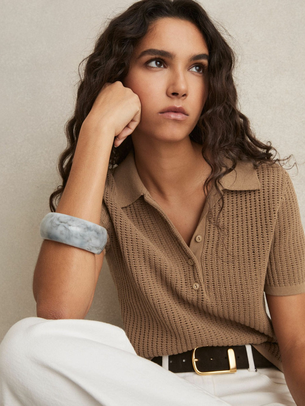 Cotton-Blend Open-Knit Polo Shirt in Tan