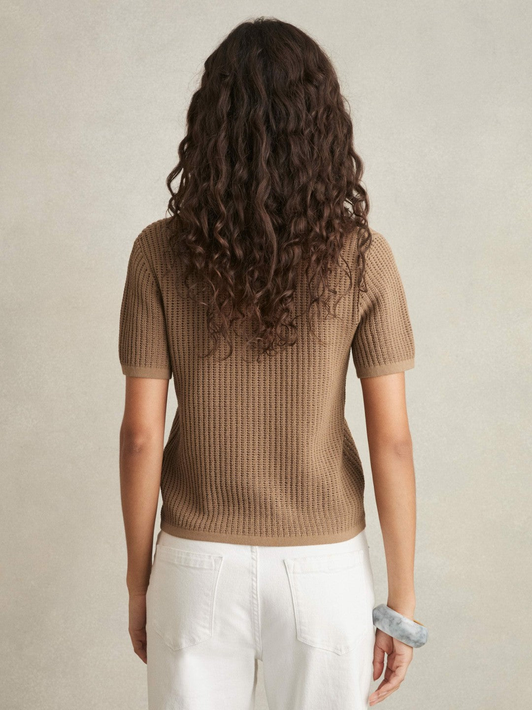 Cotton-Blend Open-Knit Polo Shirt in Tan