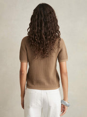 Cotton-Blend Open-Knit Polo Shirt in Tan