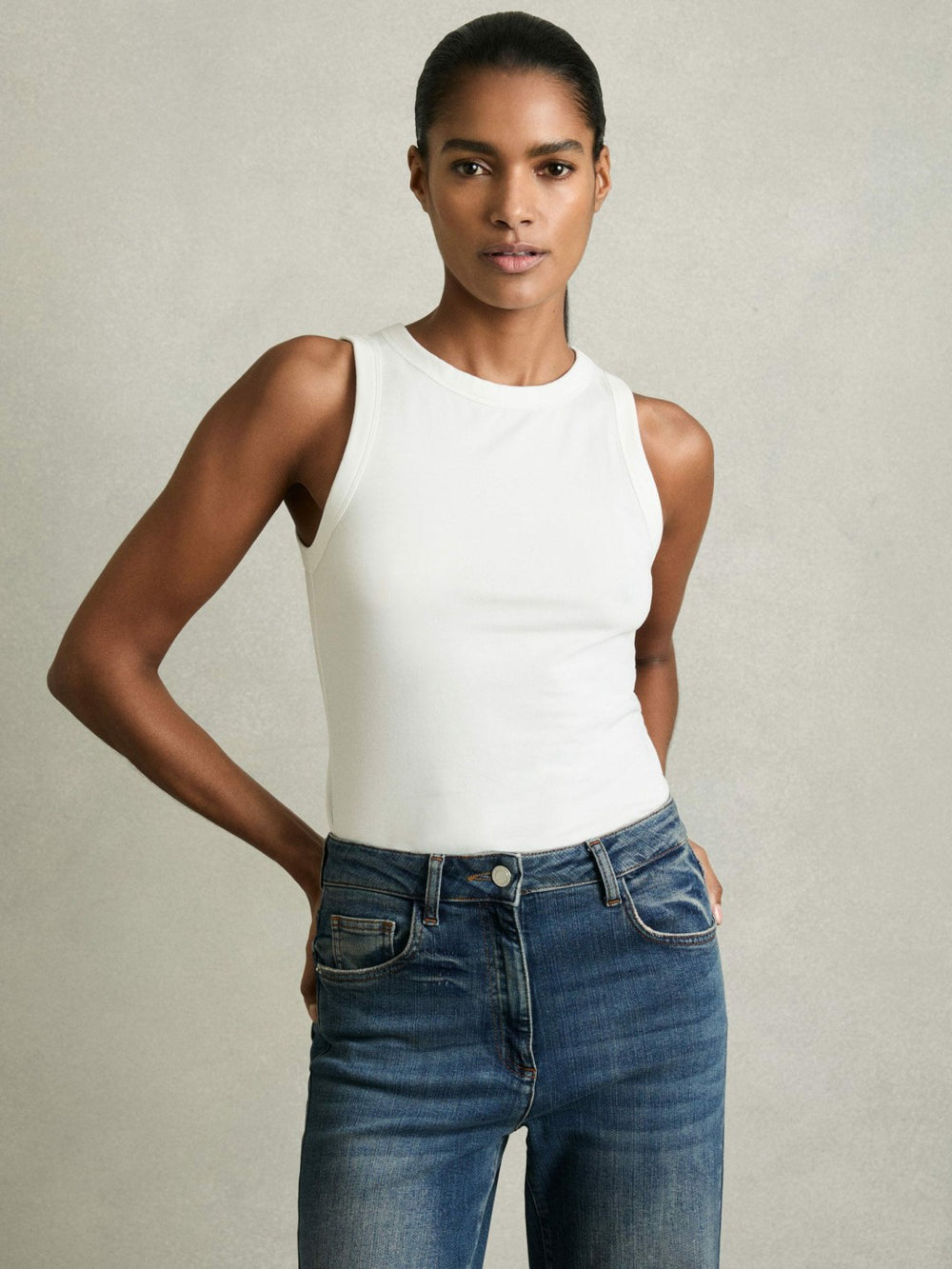 Stretch-Cotton Racerback Vest in White