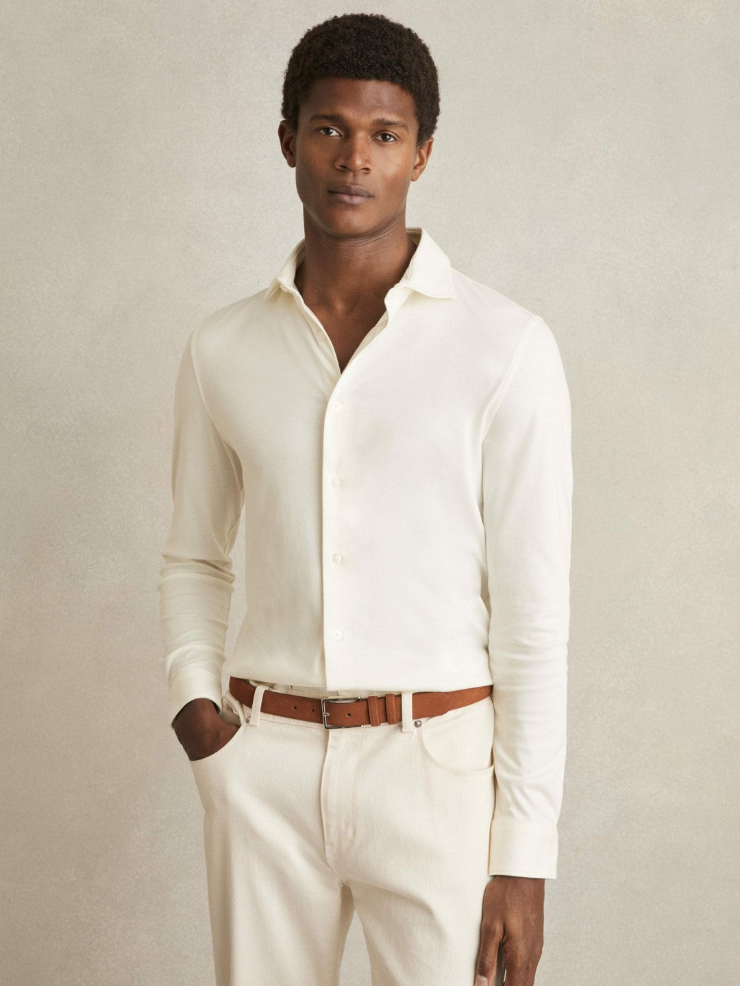 Cotton-Jersey Button-Through Shirt in Ecru