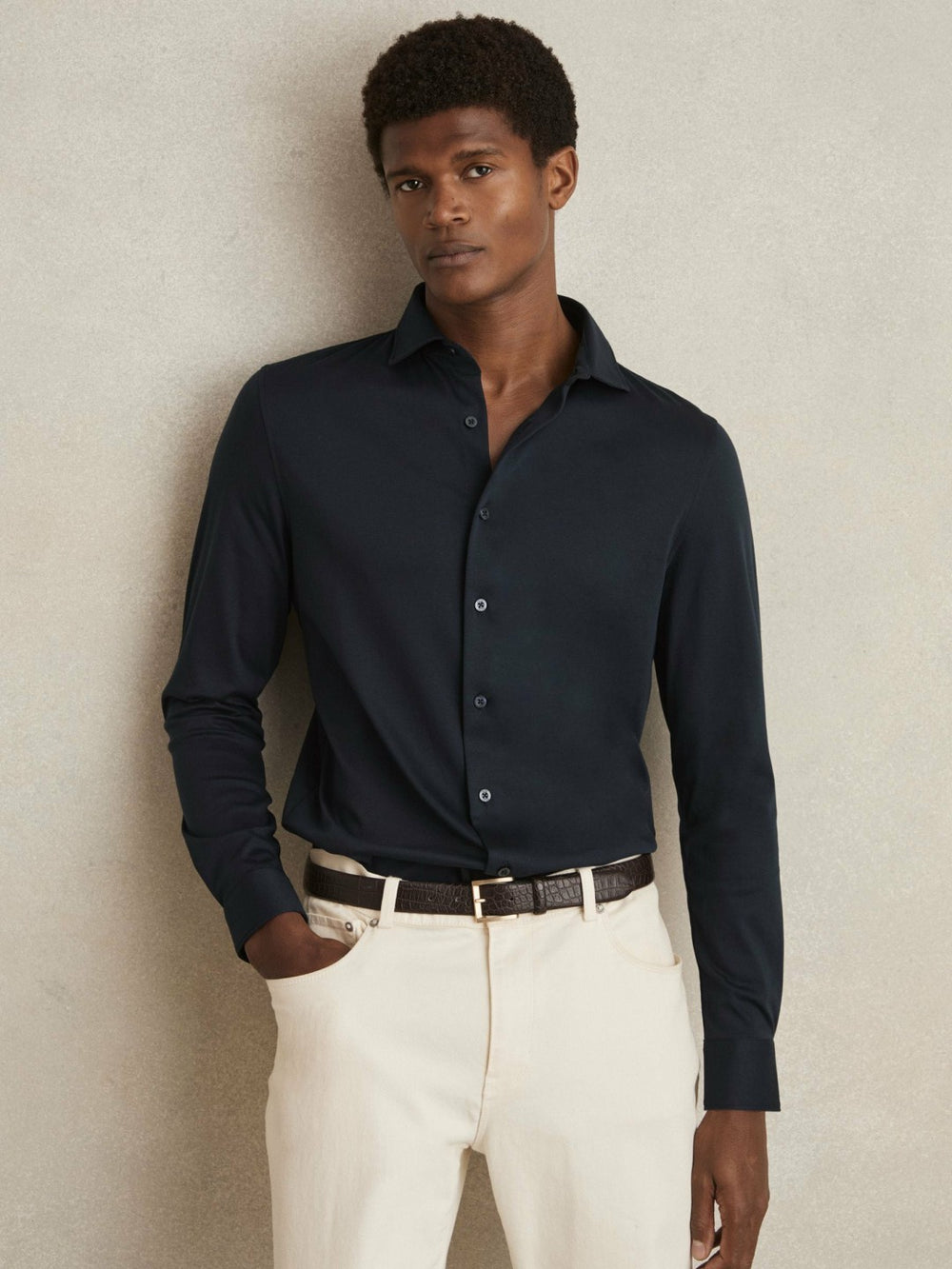 Cotton-Jersey Button-Through Shirt in Navy