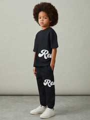 9-12 yrs Cotton Script-Logo Oversized T-Shirt in Navy