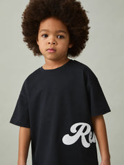 9-12 yrs Cotton Script-Logo Oversized T-Shirt in Navy