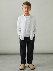 Linen-Blend Drawstring Trousers in Navy Stripe