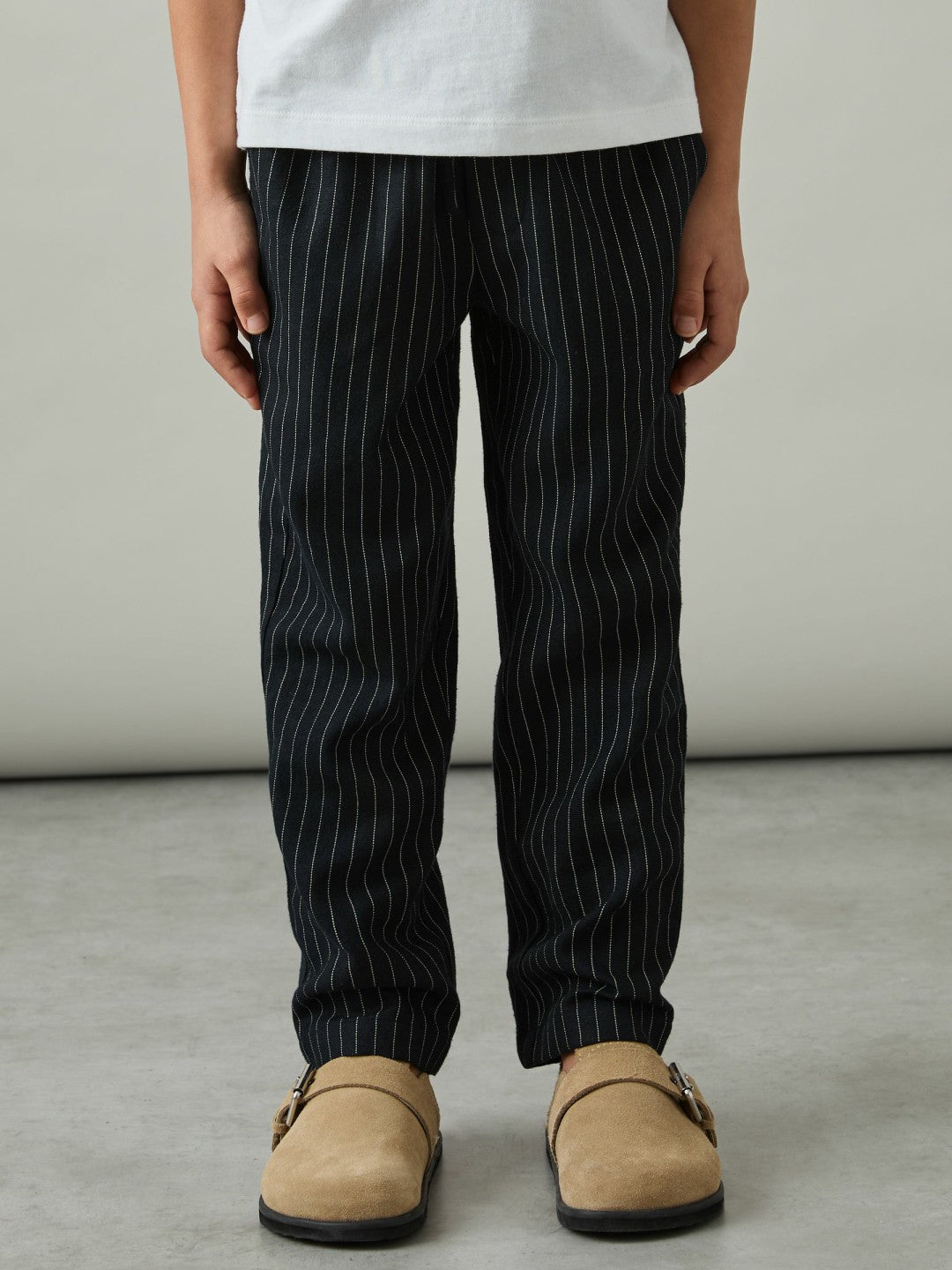 Linen-Blend Drawstring Trousers in Navy Stripe