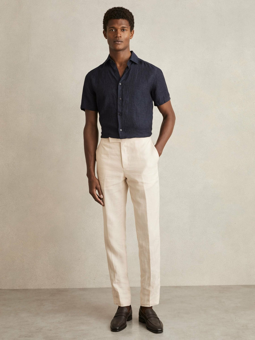 Slim Fit Linen Button-Through Shirt in Navy