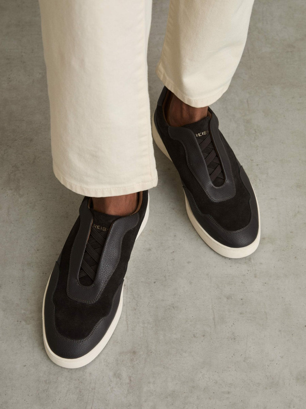 Leather Elasticated-Lace Trainers in Espresso Brown