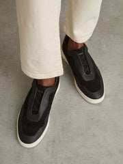 Leather Elasticated-Lace Trainers in Espresso Brown