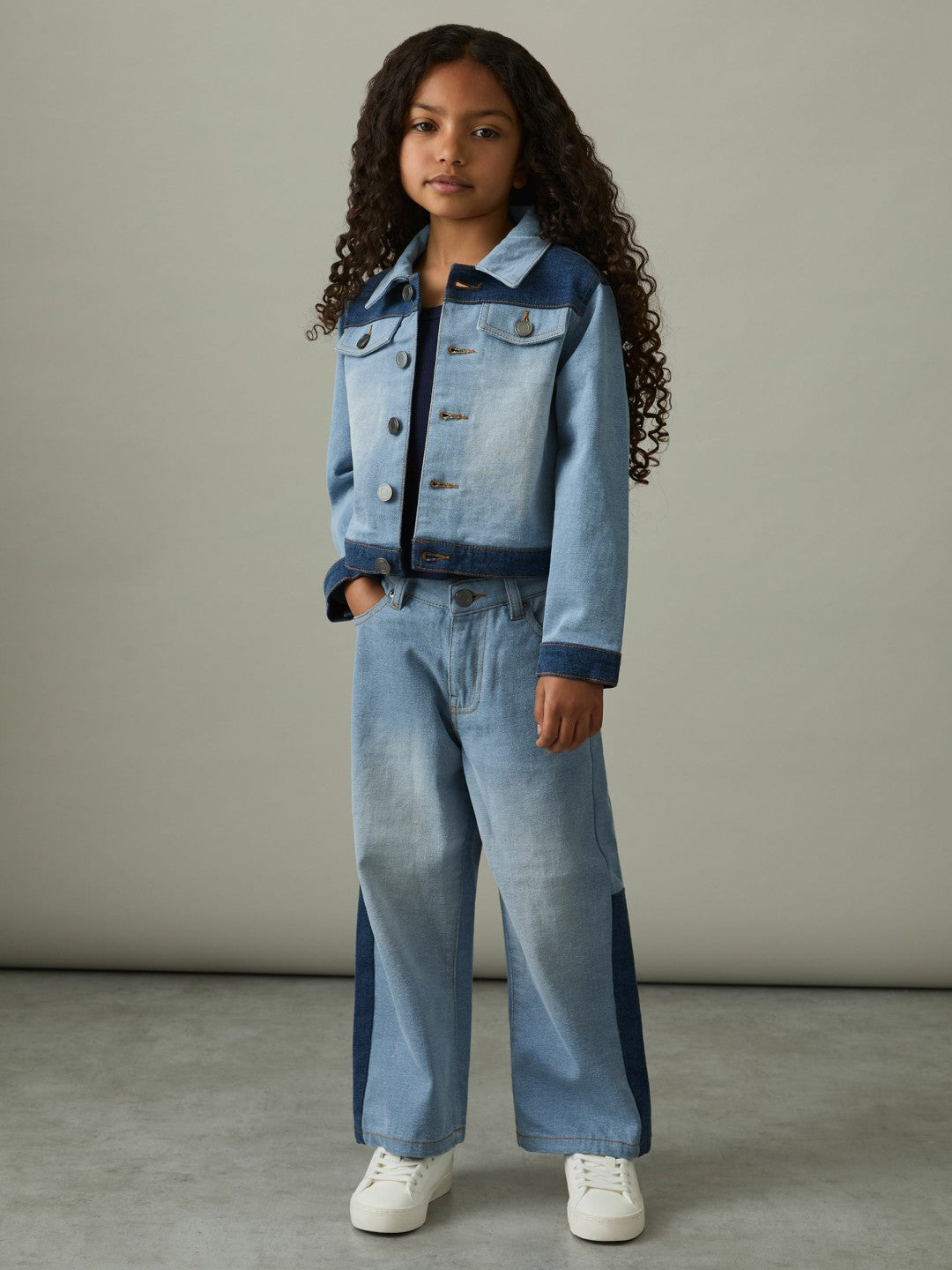 13-14 yrs Patchwork Two-Tone Denim Jacket in Blue