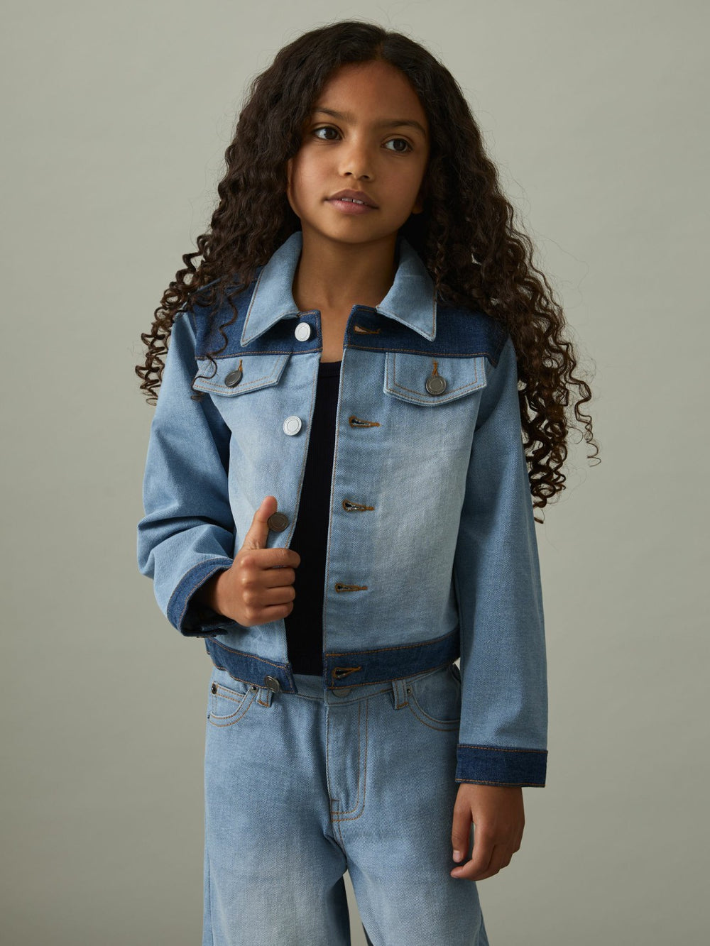 13-14 yrs Patchwork Two-Tone Denim Jacket in Blue