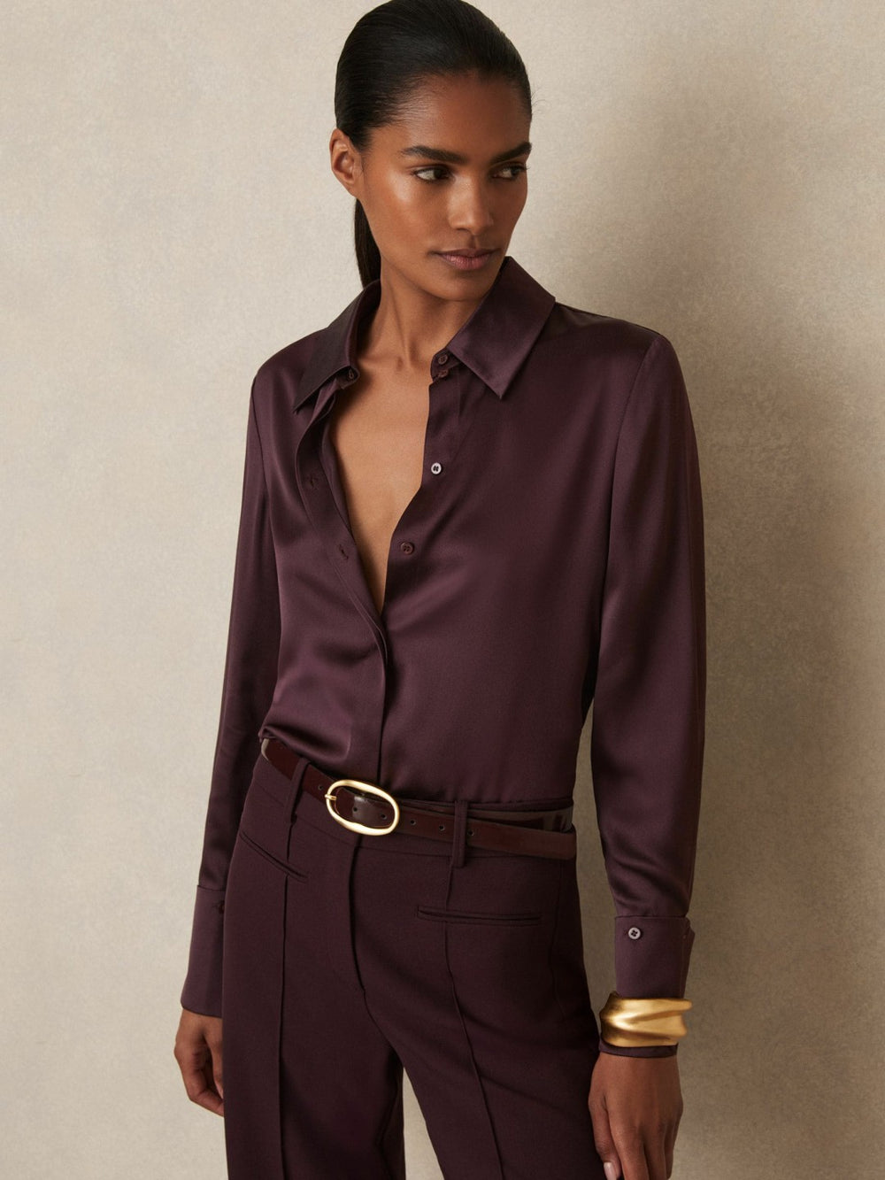 Silk Double-Cuff Button-Through Shirt in Red