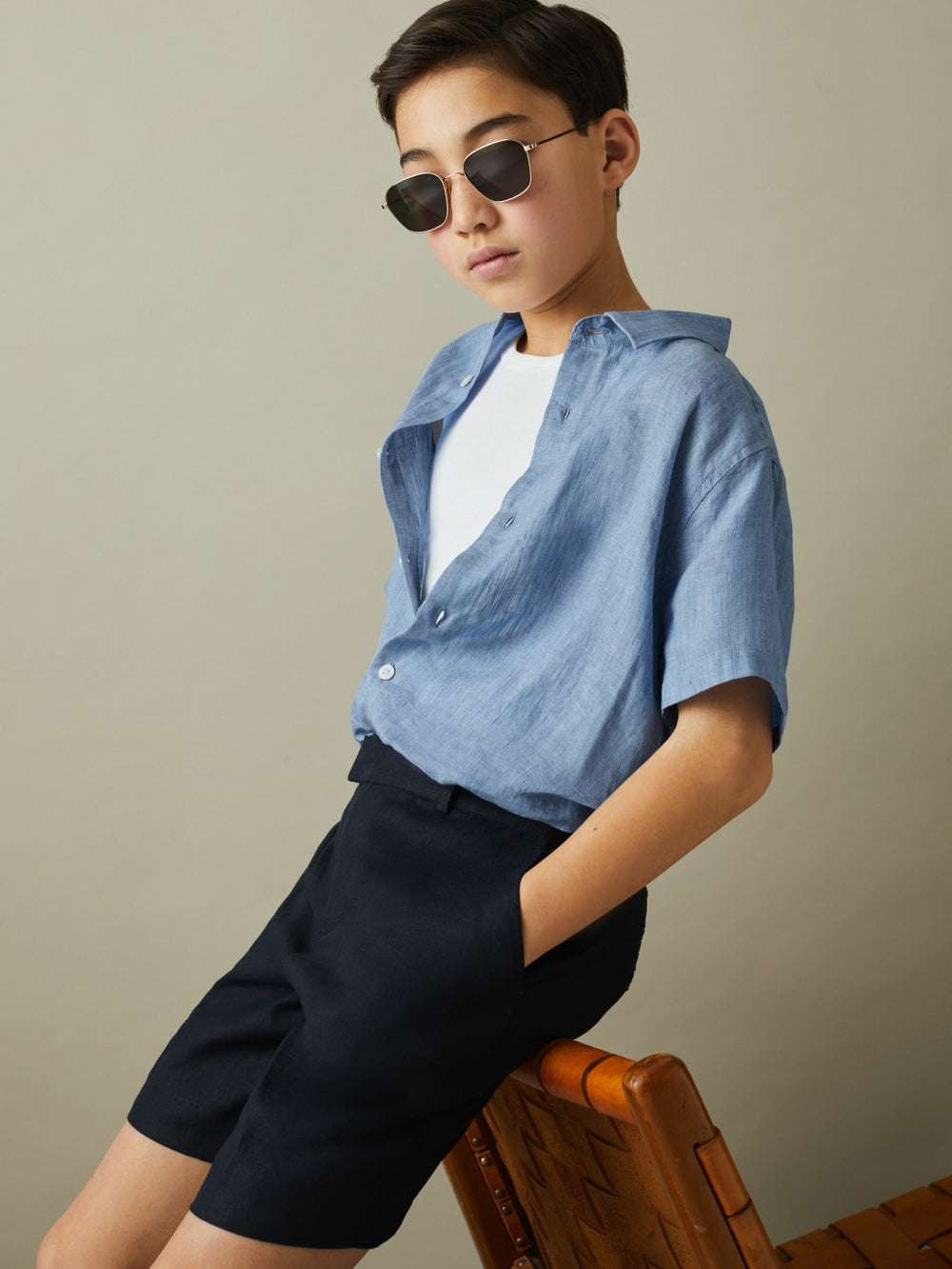 9-13 yrs Short Sleeve Linen Shirt in Sky Blue