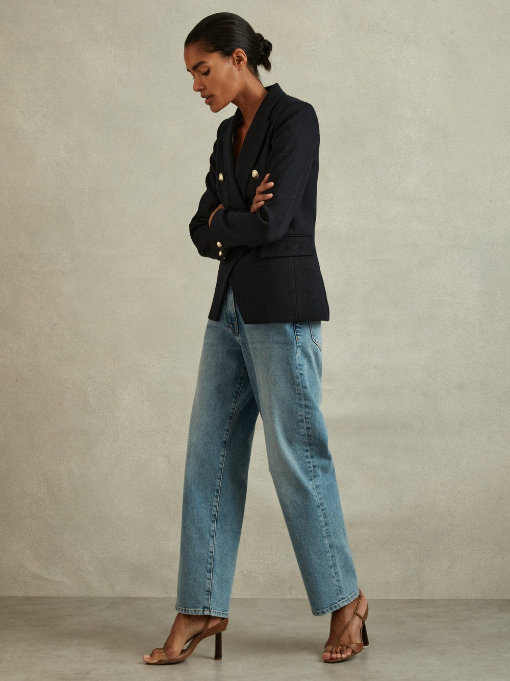 Tailored Fit Textured Double Breasted Blazer in Navy