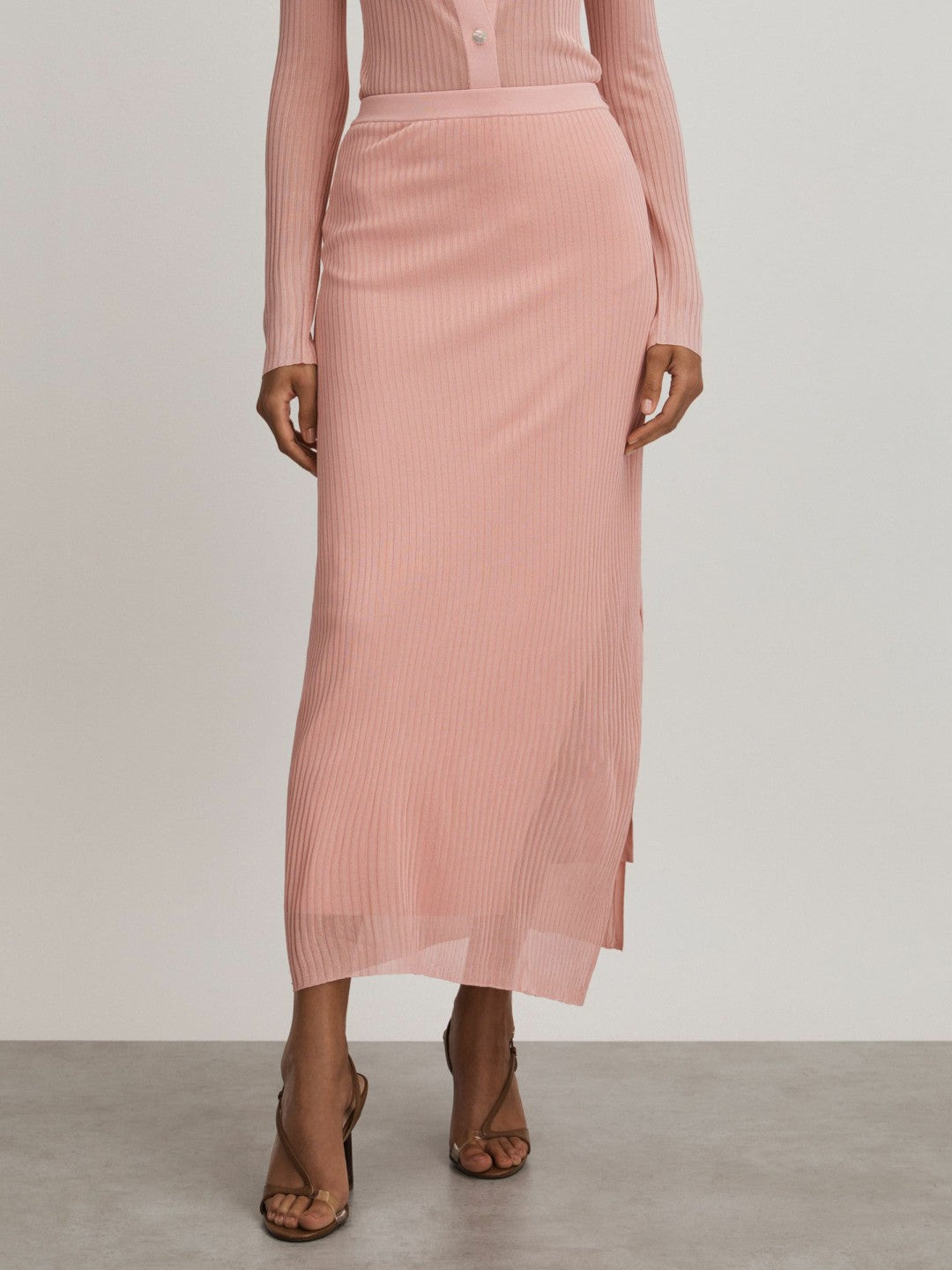 Carrie Pink Anna Quan Sheer Ribbed Knitted Midi Skirt
