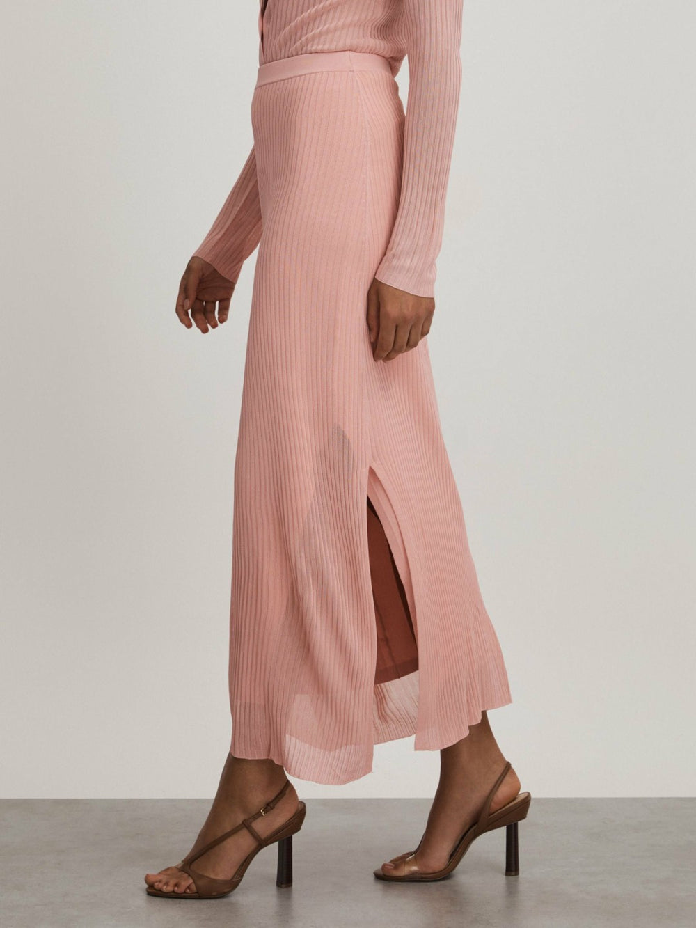 Carrie Pink Anna Quan Sheer Ribbed Knitted Midi Skirt