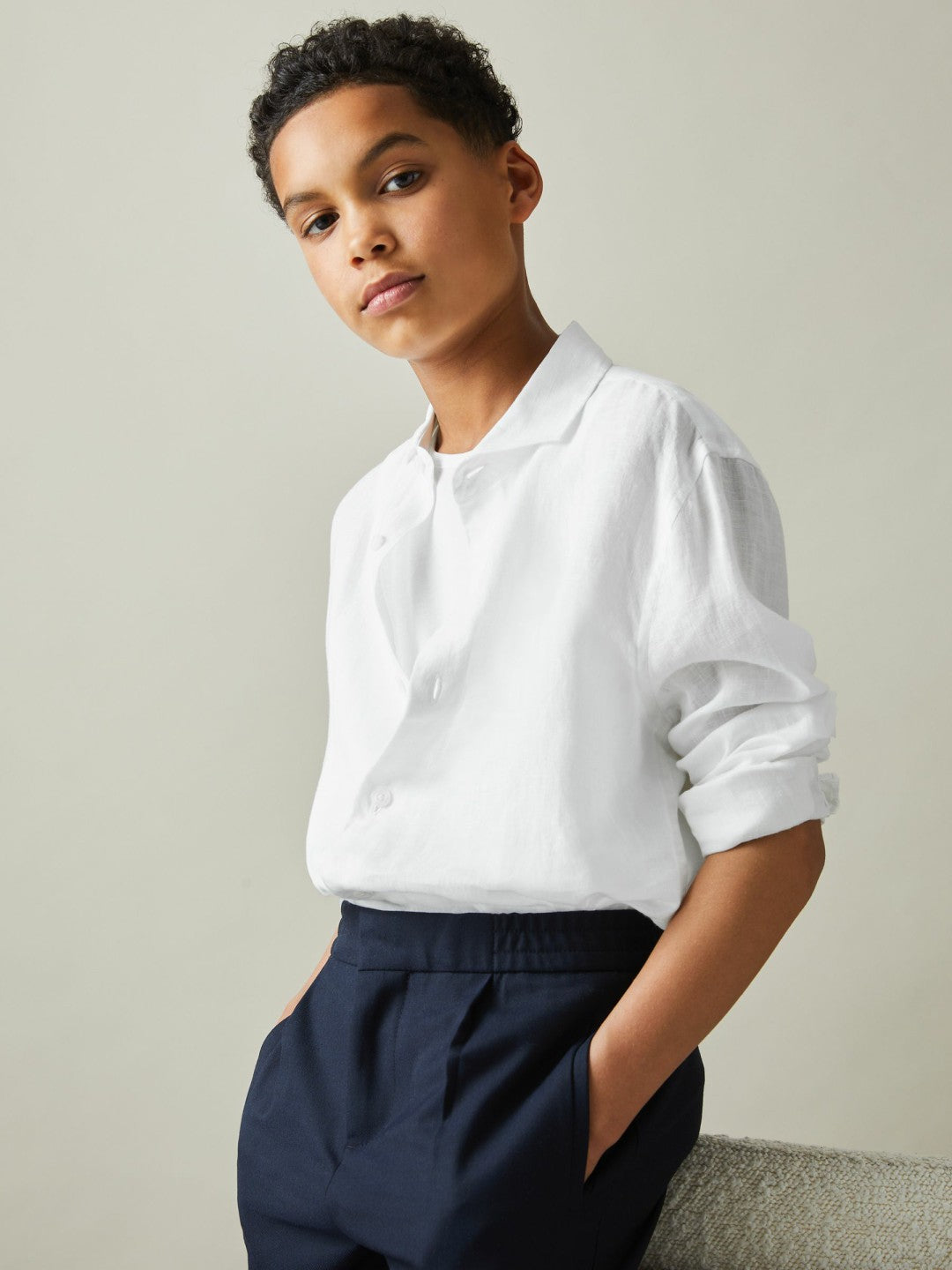 9-13 yrs Linen Cutaway Collar Shirt in White