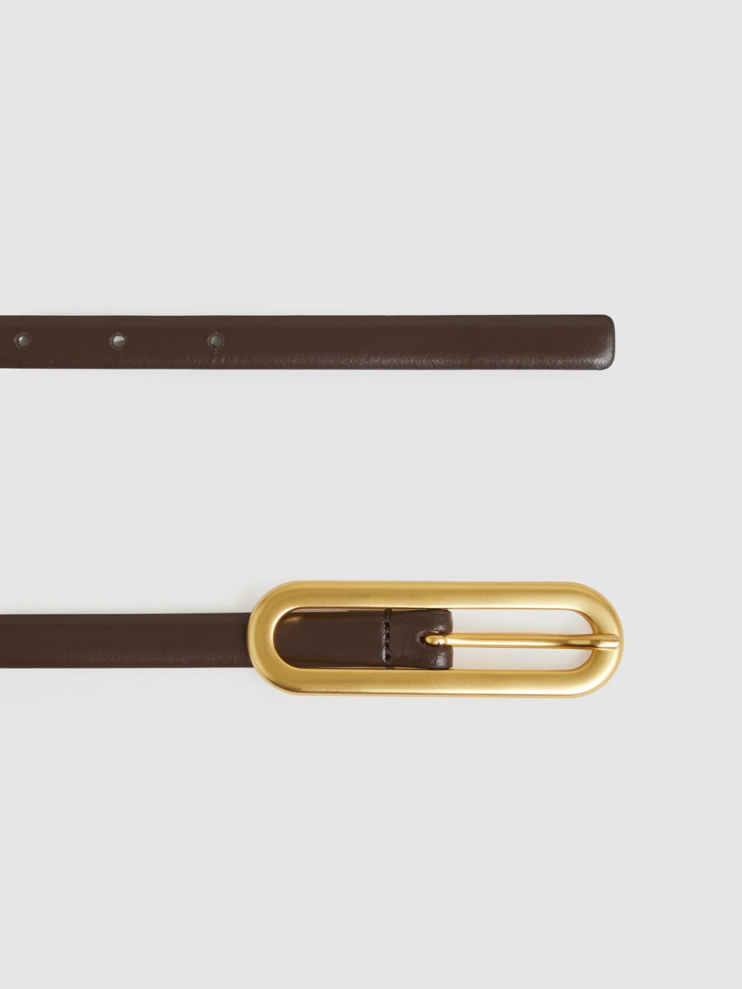 Thin Leather Elongated Buckle Belt in Chocolate