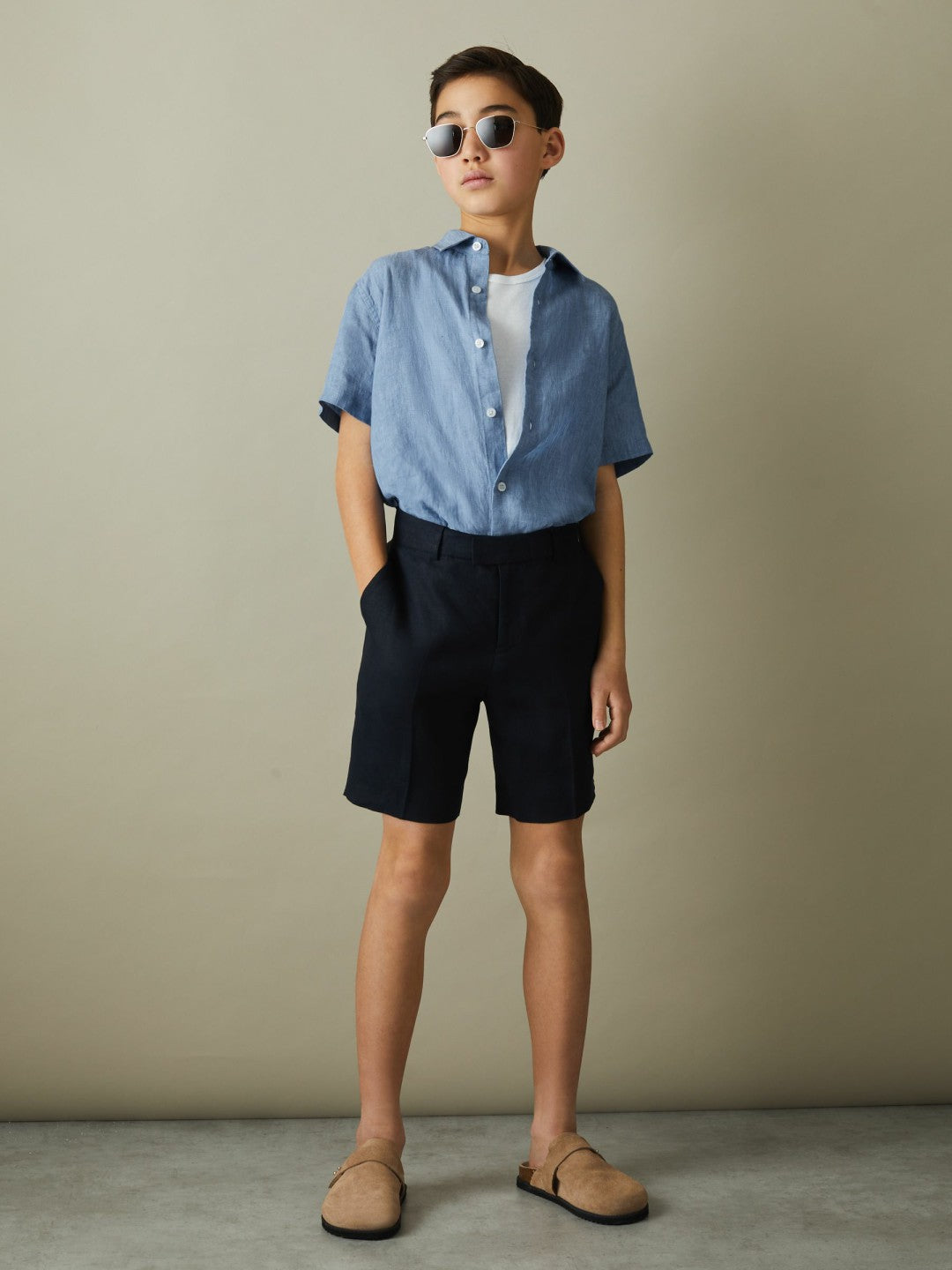 3-9 yrs Short Sleeve Linen Shirt in Sky Blue