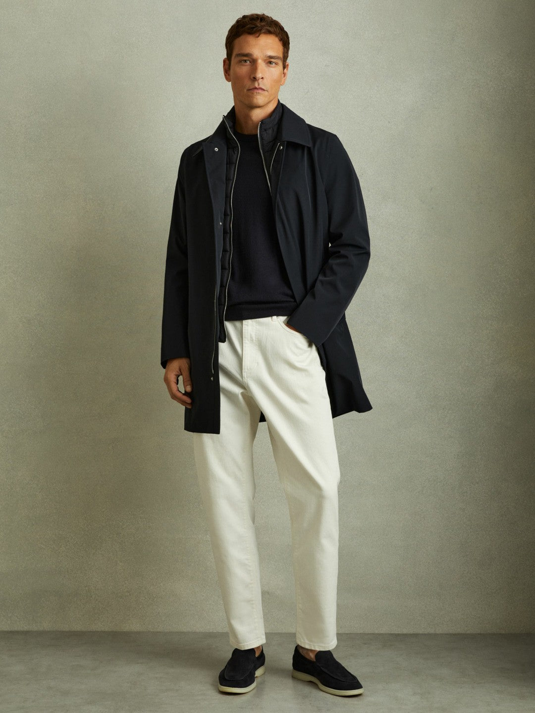 Hybrid Removable Funnel Neck Overcoat in Navy