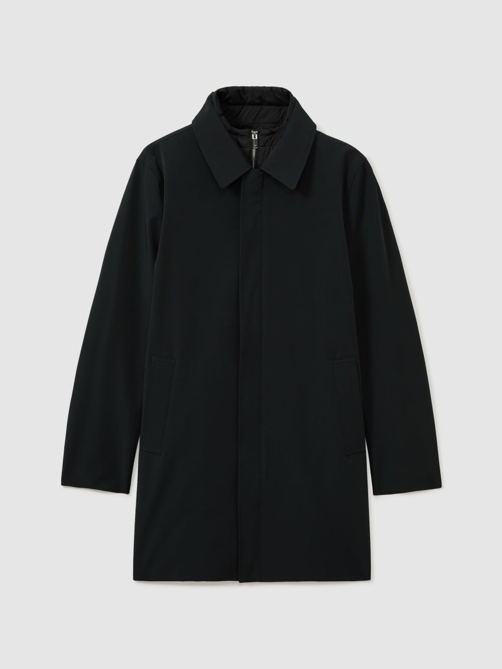 Hybrid Removable Funnel Neck Overcoat in Navy