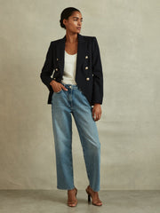 Petite Tailored Fit Textured Double Breasted Blazer in Navy