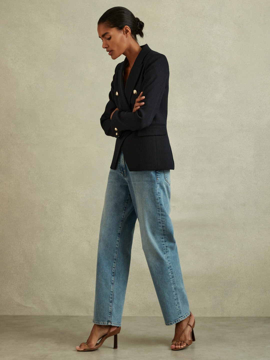 Petite Tailored Fit Textured Double Breasted Blazer in Navy