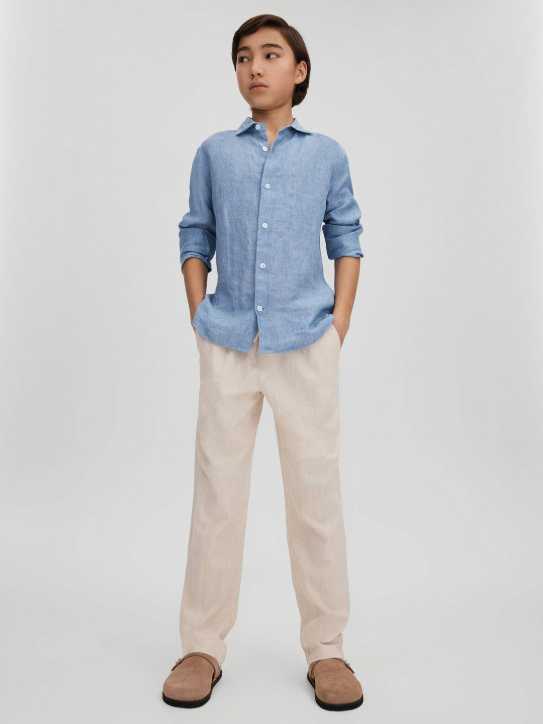 9-13 yrs Linen Cutaway Collar Shirt in Sky Blue