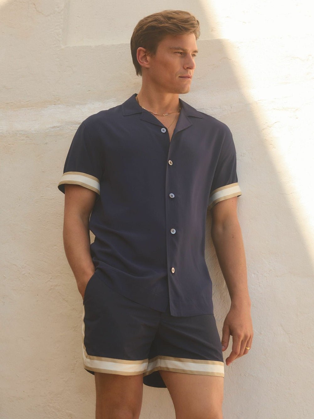 | Ché Cuff Detail Cuban Collar Shirt in Navy