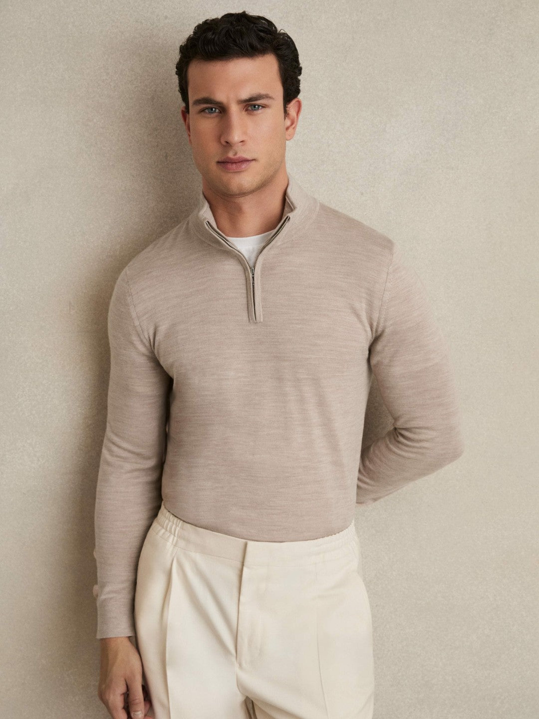 Merino Wool Half-Zip Jumper in Wheat Melange
