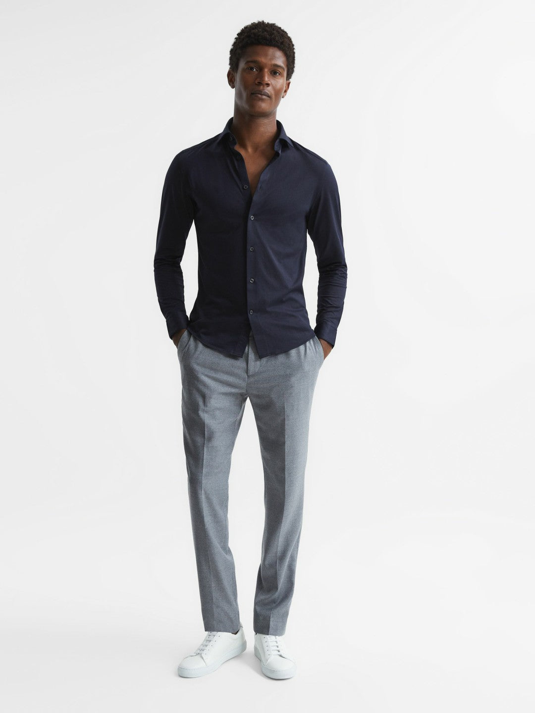 Cotton-Blend Jersey Cutaway-Collar Shirt in Navy