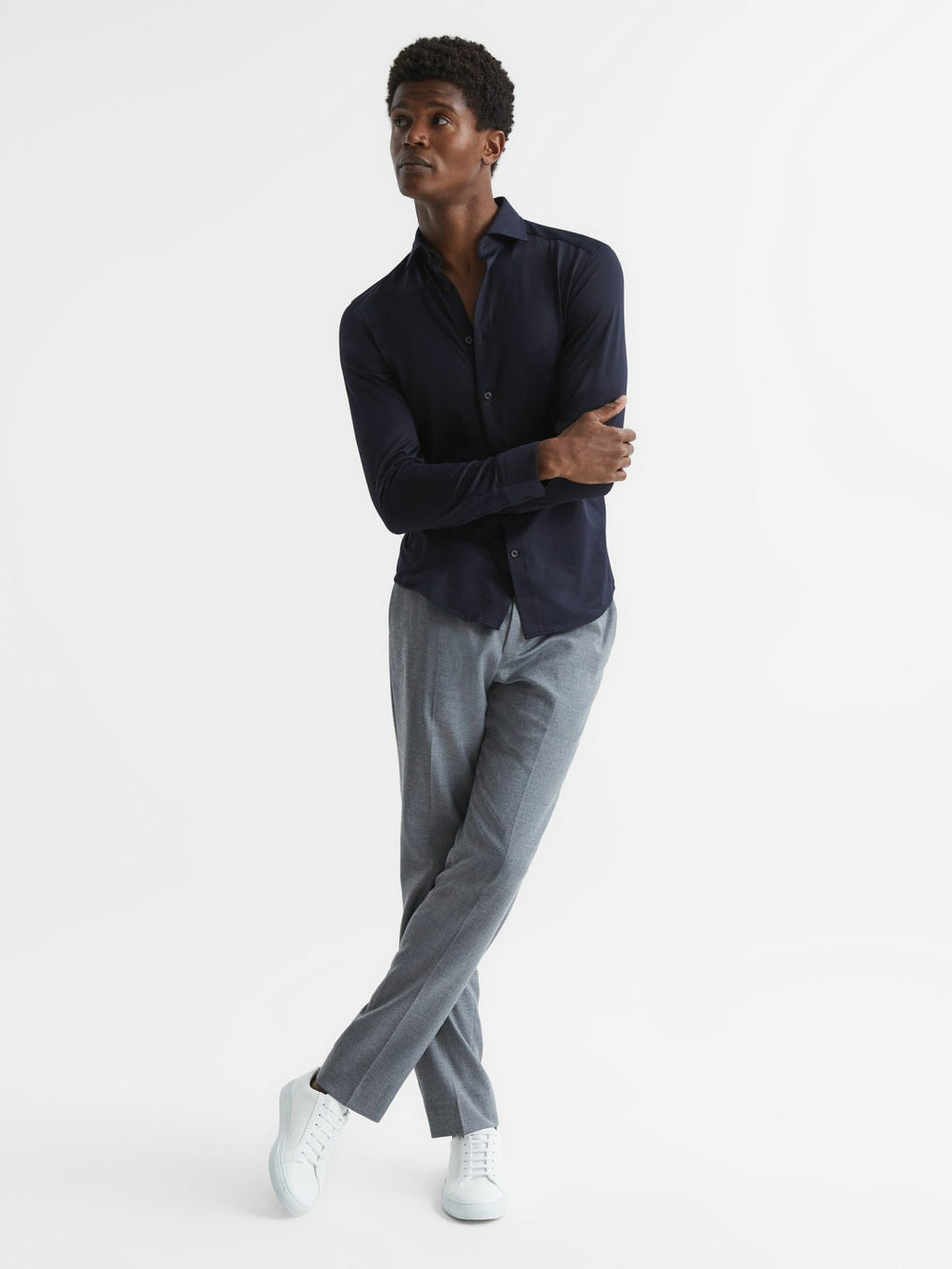 Cotton-Blend Jersey Cutaway-Collar Shirt in Navy