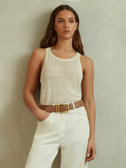 Leather Square Buckle Belt in Camel/Taupe