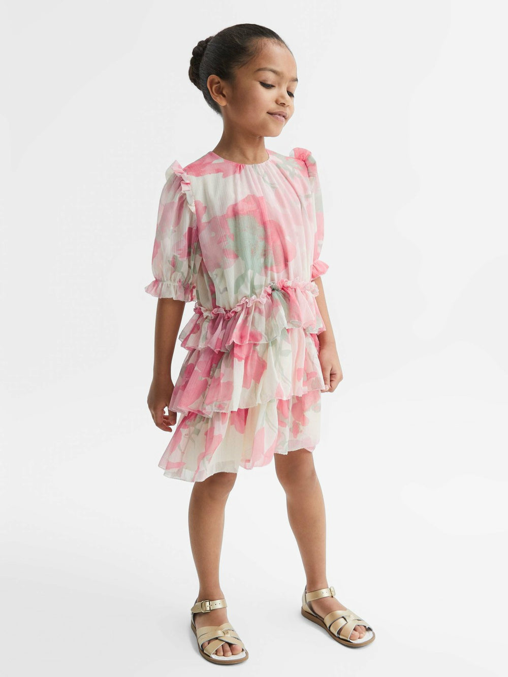 4-9 yrs Printed Tiered Dress in Pink Print