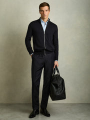Merino Wool Zip-Through Cardigan in Navy