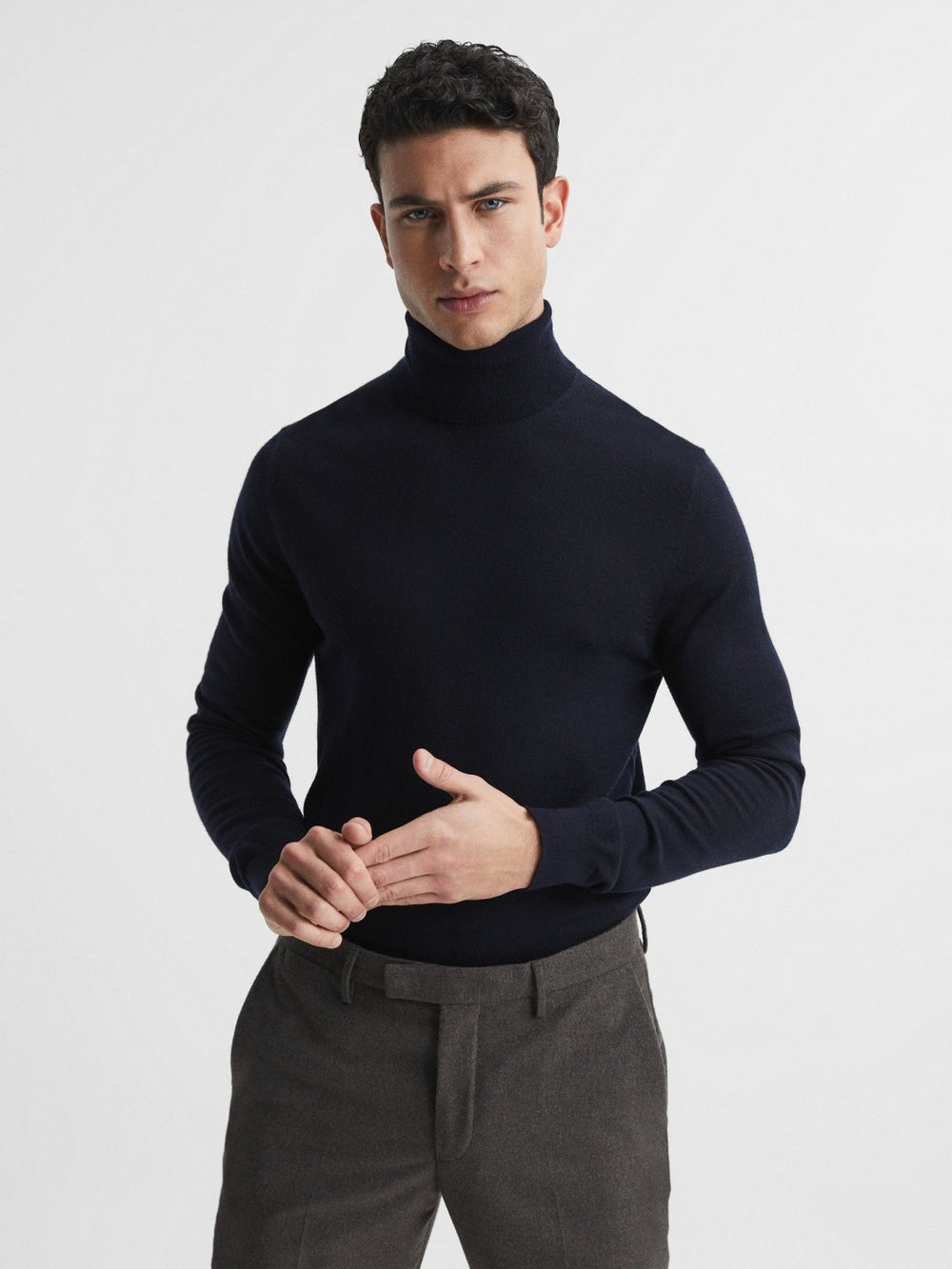 Slim Fit Merino Wool Roll Neck Jumper in Navy