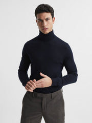 Slim Fit Merino Wool Roll Neck Jumper in Navy