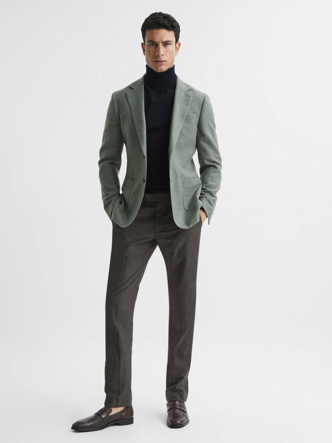 Slim Fit Merino Wool Roll Neck Jumper in Navy