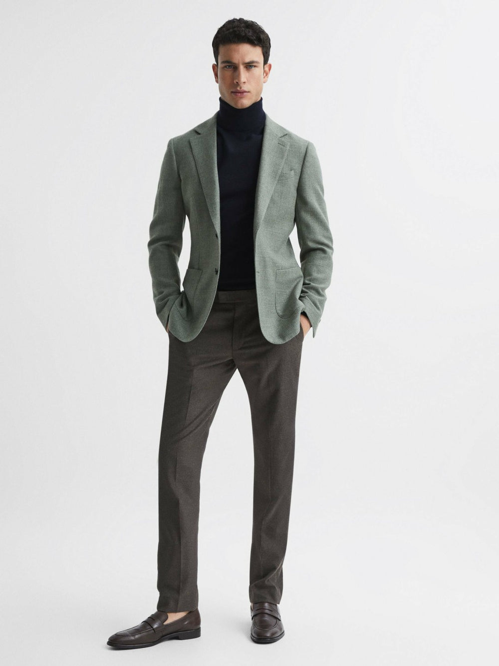 Slim Fit Merino Wool Roll Neck Jumper in Navy