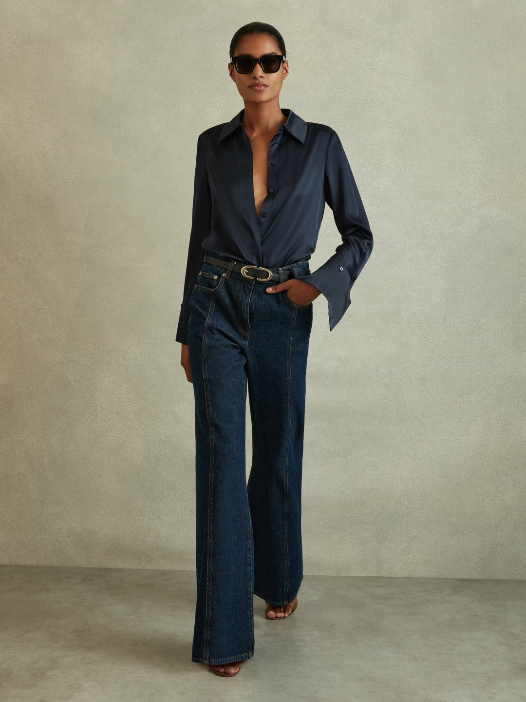 Silk Double-Cuff Button-Through Shirt in Navy