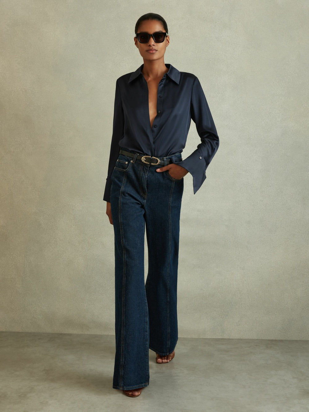 Silk Double-Cuff Button-Through Shirt in Navy