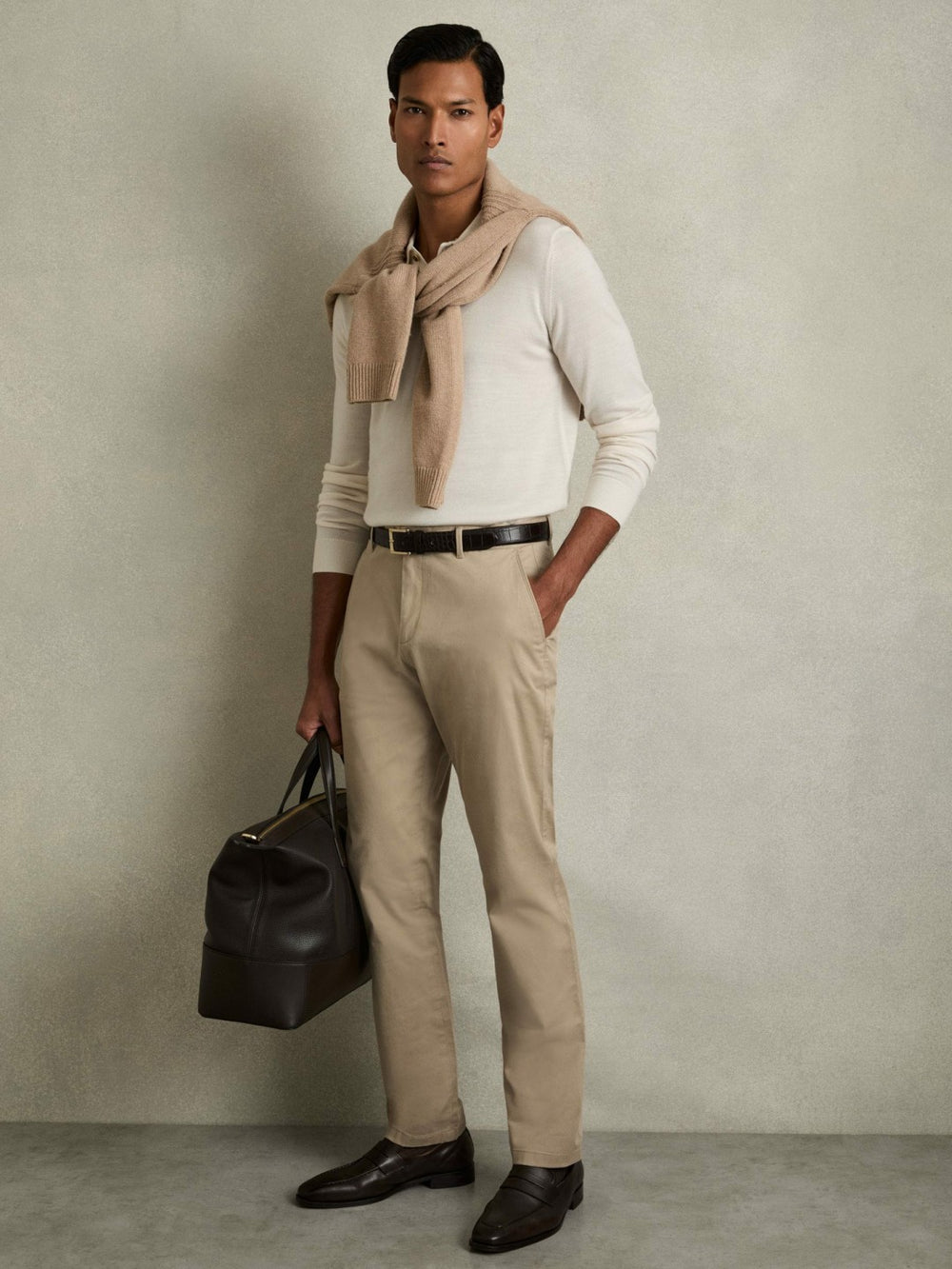 Slim Fit Washed Cotton Blend Chinos in Stone
