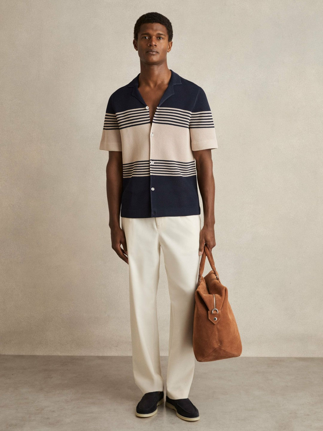 Stripe Textured-Knit Cuban-Collar Shirt in Navy/Stone