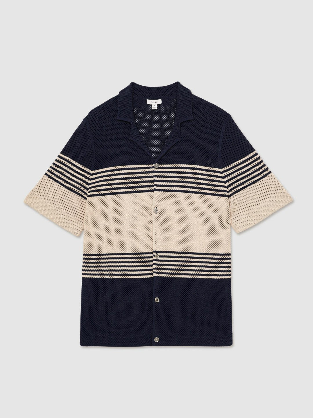Stripe Textured-Knit Cuban-Collar Shirt in Navy/Stone
