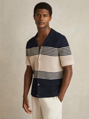 Stripe Textured-Knit Cuban-Collar Shirt in Navy/Stone